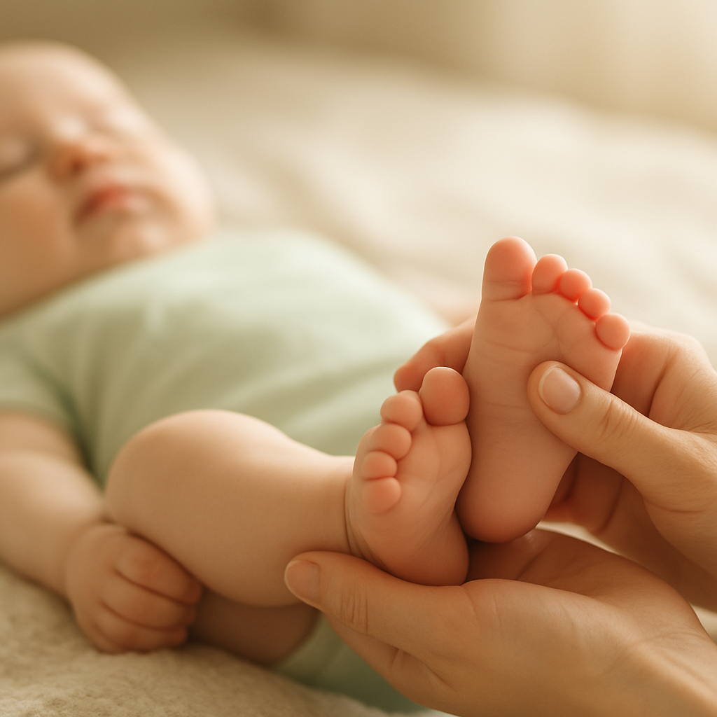 Sanfte Babymassage an den Füßen eines Säuglings