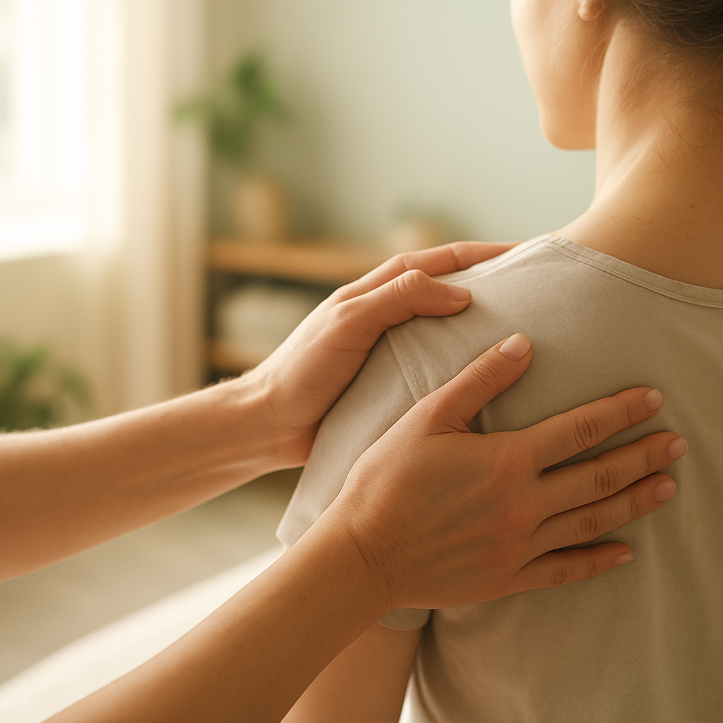 Therapeutische Hände mobilisieren behutsam ein Schultergelenk