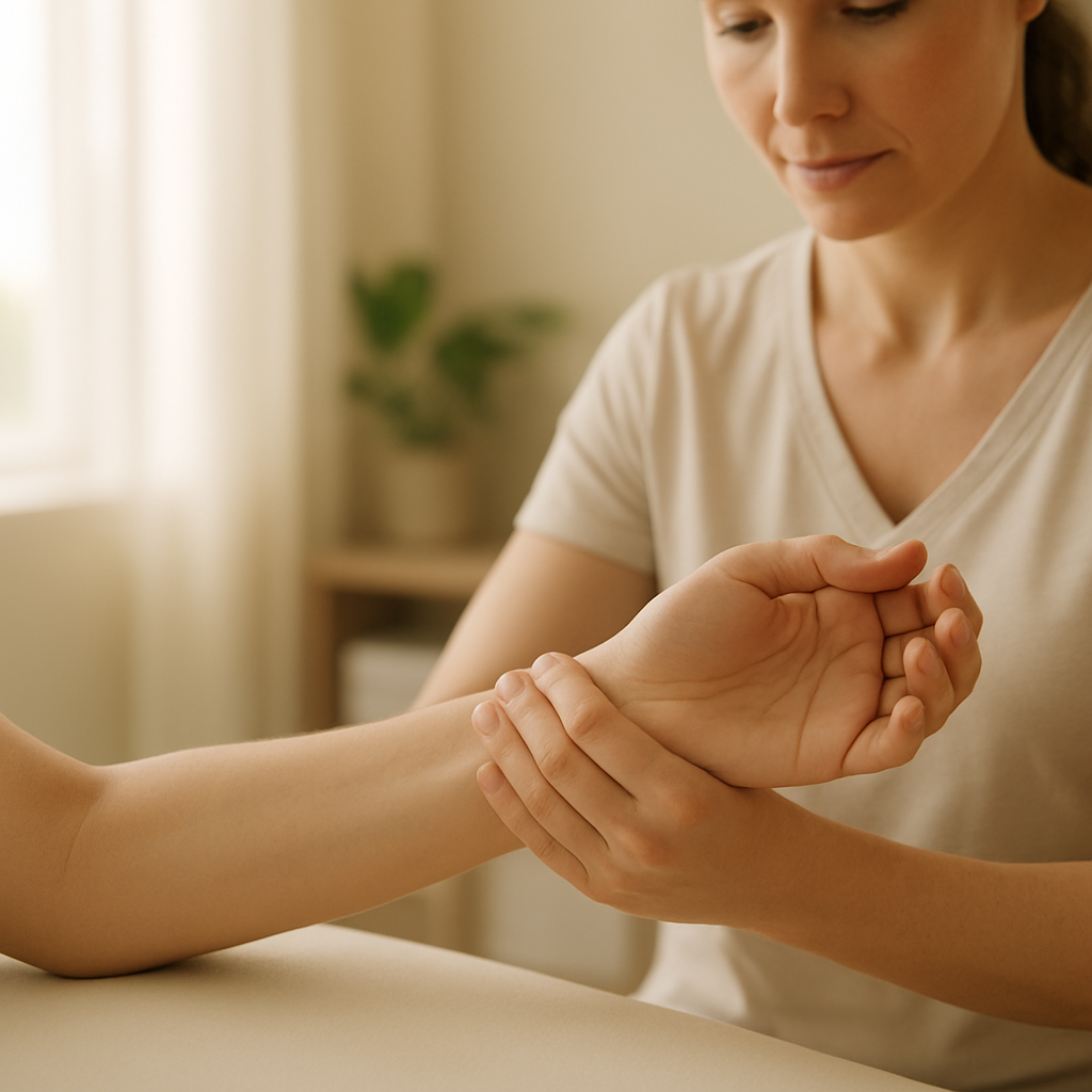 Physiotherapeutin mobilisiert behutsam Arm und Handgelenk