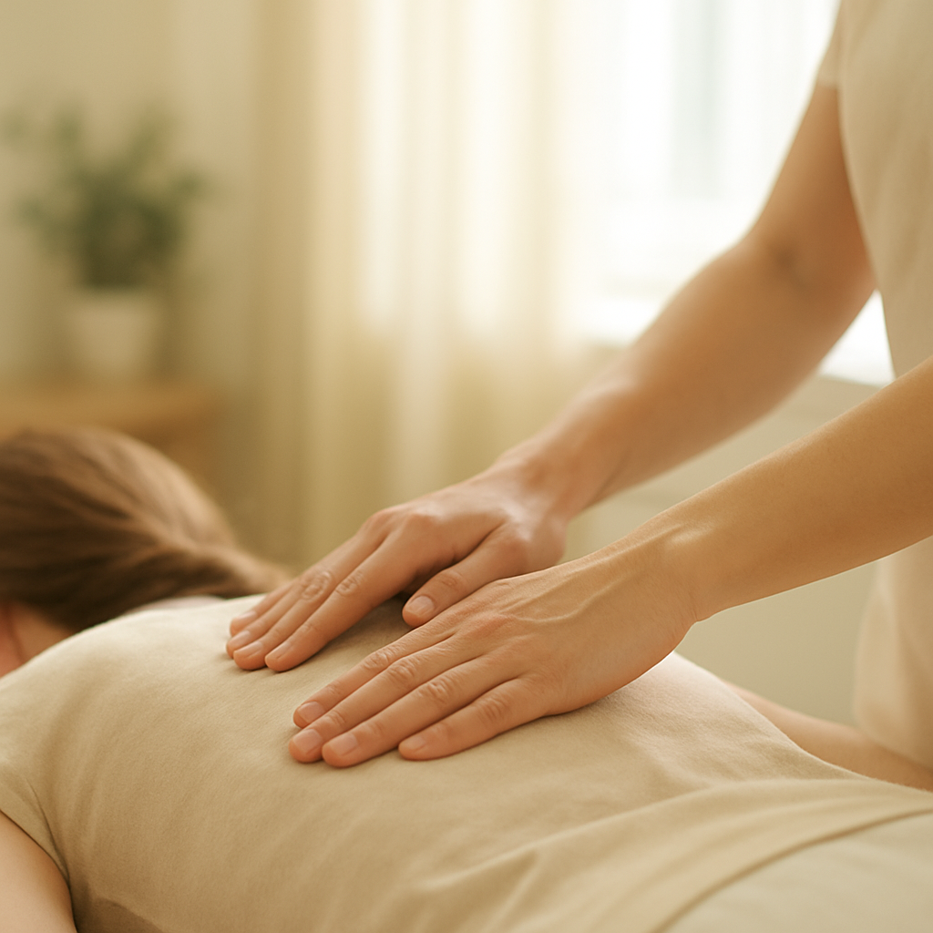Sanfte osteopathische Handgriffe am Rücken einer Patientin