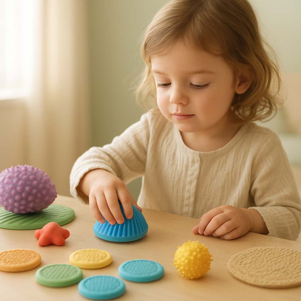 Kind spielt mit bunten taktilen Materialien zur Wahrnehmungsförderung