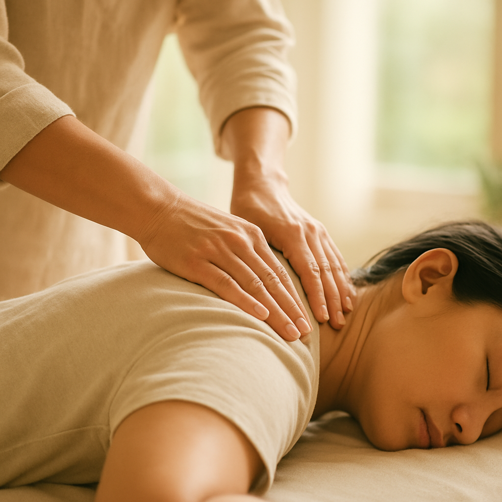 Hände kneten bei einer chinesischen Tuina-Massage die Schulter